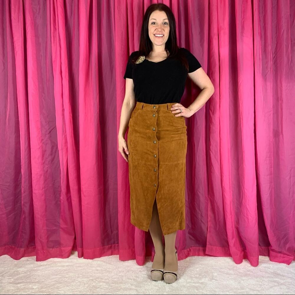 Vintage Brown Suede Button-Front Midi Skirt